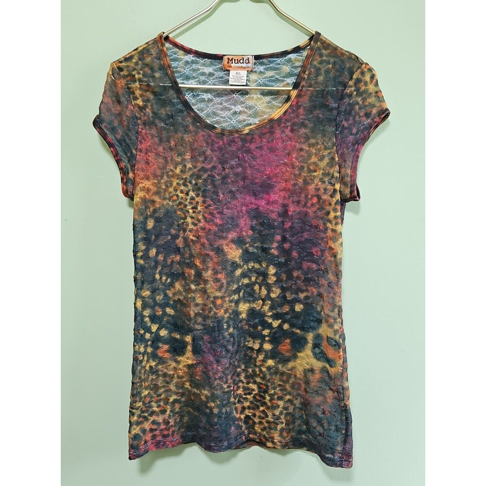 Mudd Women's XL Animal Print Burnout Multicolor Short Sleeve Stretch Y2K Grunge